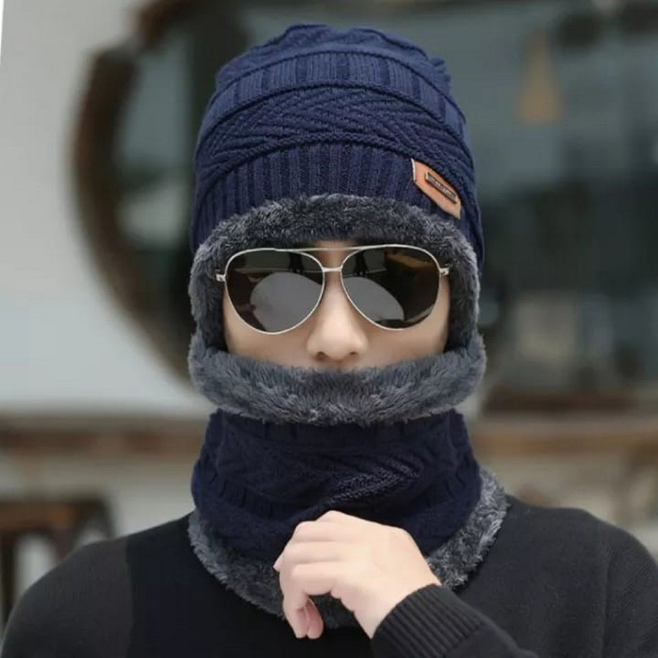 Winter Cap and neck Elastic Knitting Thick Fleece Warm Woolen Beanie Cap Sport Hat & Neck Scarf Set 2 Piece