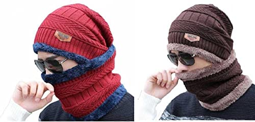 Winter Cap and neck Elastic Knitting Thick Fleece Warm Woolen Beanie Cap Sport Hat & Neck Scarf Set 2 Piece