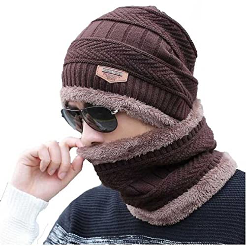 Winter Cap and neck Elastic Knitting Thick Fleece Warm Woolen Beanie Cap Sport Hat & Neck Scarf Set 2 Piece