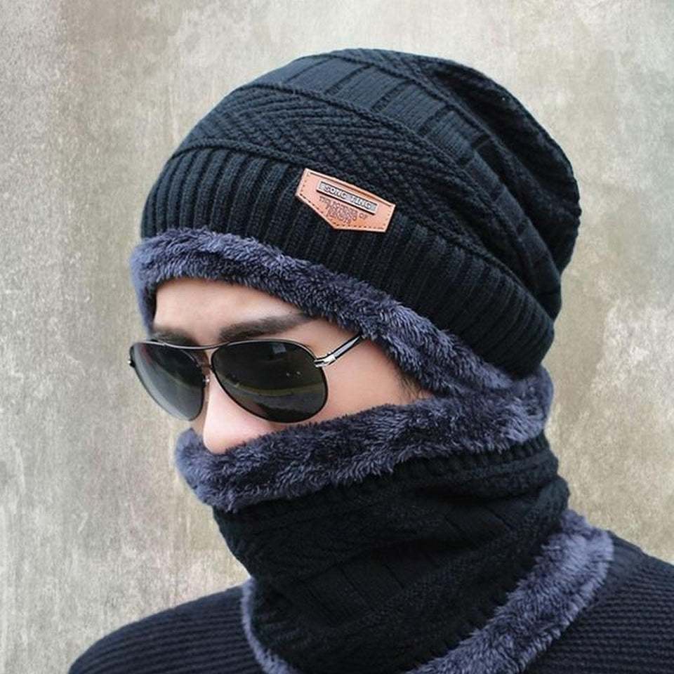Winter Cap and neck Elastic Knitting Thick Fleece Warm Woolen Beanie Cap Sport Hat & Neck Scarf Set 2 Piece