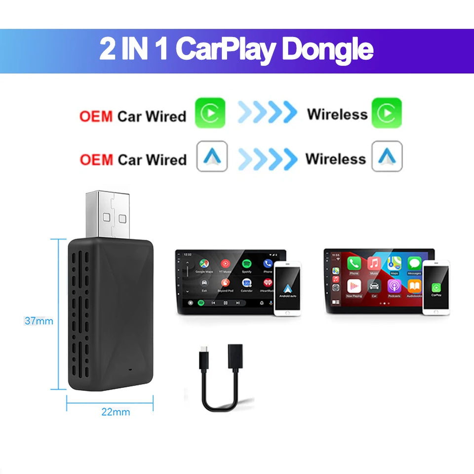 2025 2in1 Wireless Carplay&Android Auto Box 2in1 Wired to Wireless Dongle Automatic Connect Adapter Bluetooth Plug&Play Mini Box