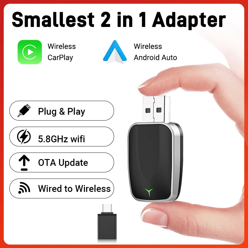 2025 2in1 Wireless Carplay&Android Auto Box 2in1 Wired to Wireless Dongle Automatic Connect Adapter Bluetooth Plug&Play Mini Box